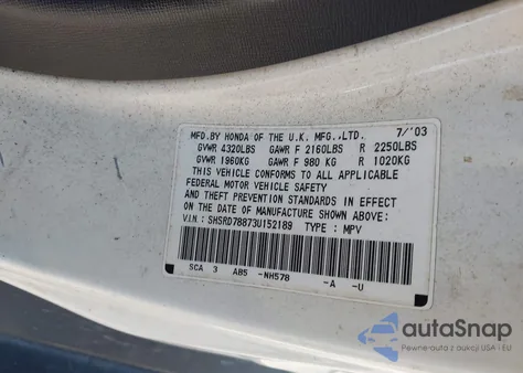 2003 Honda Cr-V Ex z USA, uszkodzony, nr VIN SHSRD78873U152189